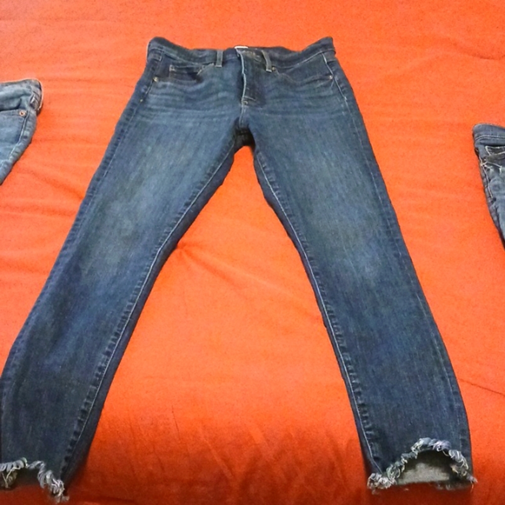Loft, cropped, dark denim with frayed ankle